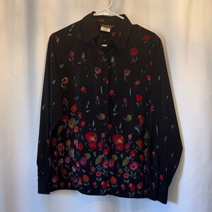 Willowbend Black Blouse with Red and Green Floral abstract Design vintage